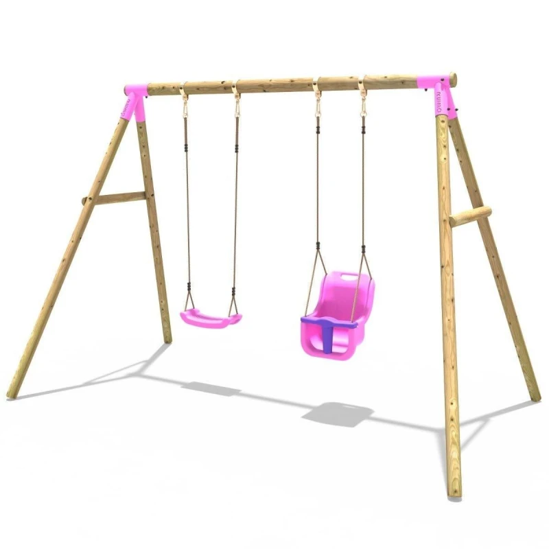 Image of OutdoorToys Rebo Kids Wooden Garden Swing Set with Childrens Seat & Baby Seat - Luna Pink Pink Unisex