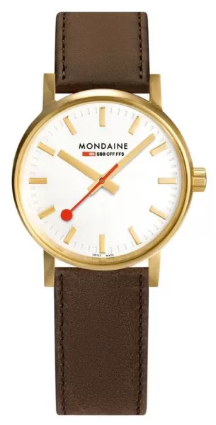 Image of Mondaine MSE.30112.LG Evo2 Gold 30mm Brown Leather Strap Watch