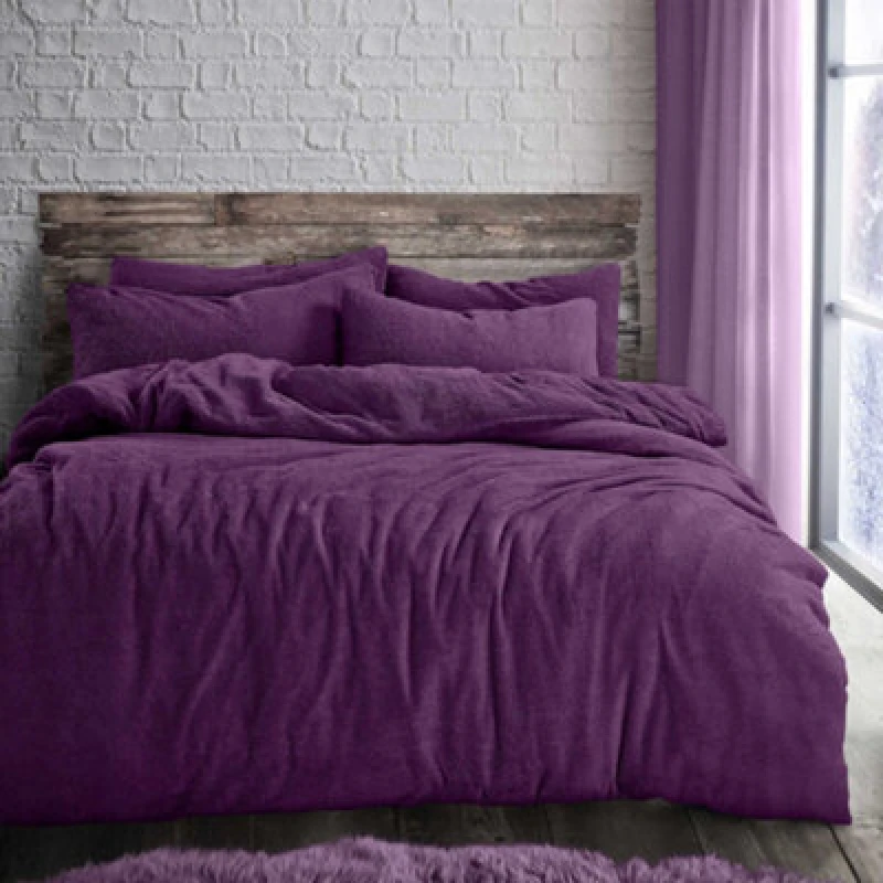 Image of Velosso Plain Teddy Warm And Cosy Duvet Cover And Pillowcase Set - Purple