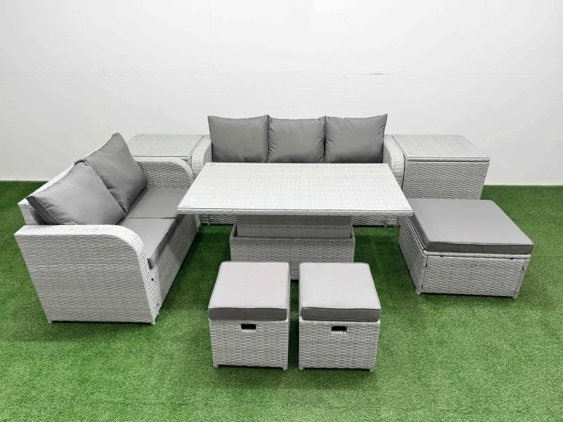 Image of Fimous 8 Seater PE Rattan Wicker Garden Furniture Patio Conservatory Sofa Set with Adjustable Lifting Dining Table 3 Stool 2 Side Table