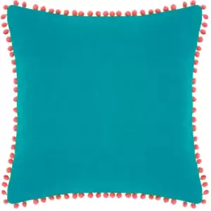 Image of Velvet Pompom Cushion Teal/Coral