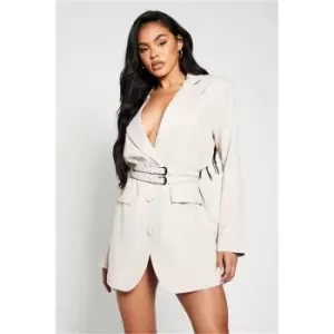 Image of I Saw It First Stone Woven Double Belted Blazer Dress - Grey