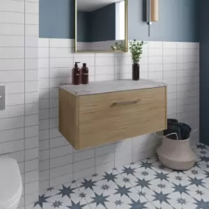 Image of Hudson Reed Juno Wall Hung 1-Drawer Vanity Unit with Bellato Grey Worktop 800mm Wide - Autumn Oak