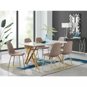 Image of Taranto White High Gloss Dining Table and 6 Cappuccino Corona Faux Leather Dining Chairs with Silver Legs Diamond Stitch - Cappuccino