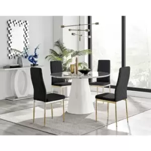 Image of Furniturebox Palma White Marble Effect 120cm Round Minimalist Dining Table & 4 Black Milan Gold Leg Faux Leather Chairs