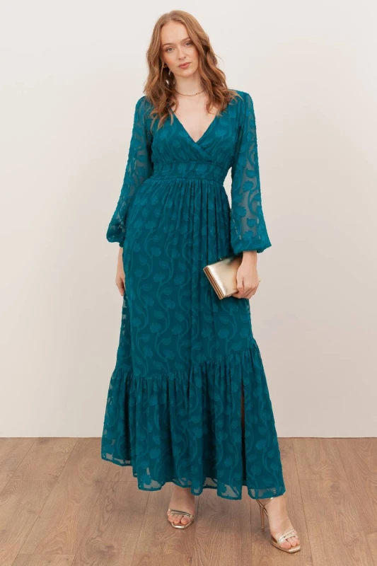 Image of Lovedrobe Womens Floral Burnout Asymmetric Split Hem Tie Back Maxi Dress in Teal Size: 14 Teal Female 14