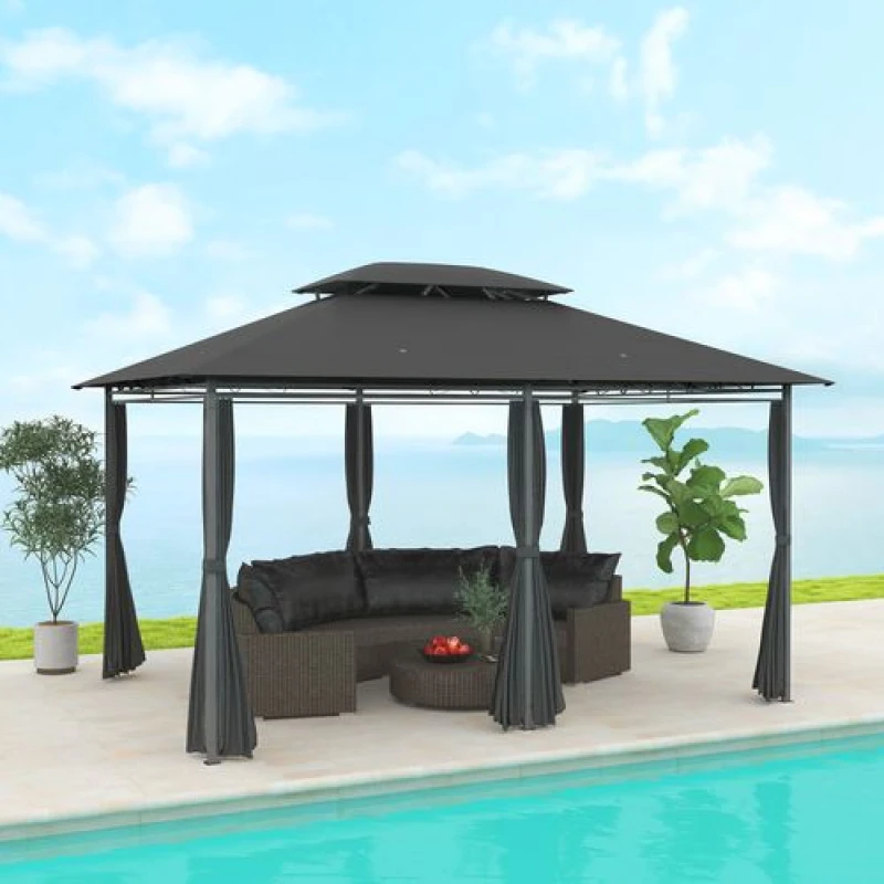 Image of Outsunny 4m x 3(m) Outdoor 2-Tier Steel Frame Gazebo w/ Curtains Outdoor Garden, Black 84C-099V00BK