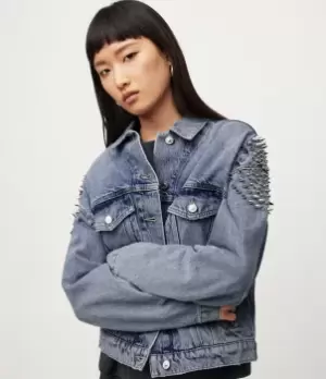 Image of AllSaints Womens Bella Punk Studded Denim Jacket, Indigo Blue, Size: 12