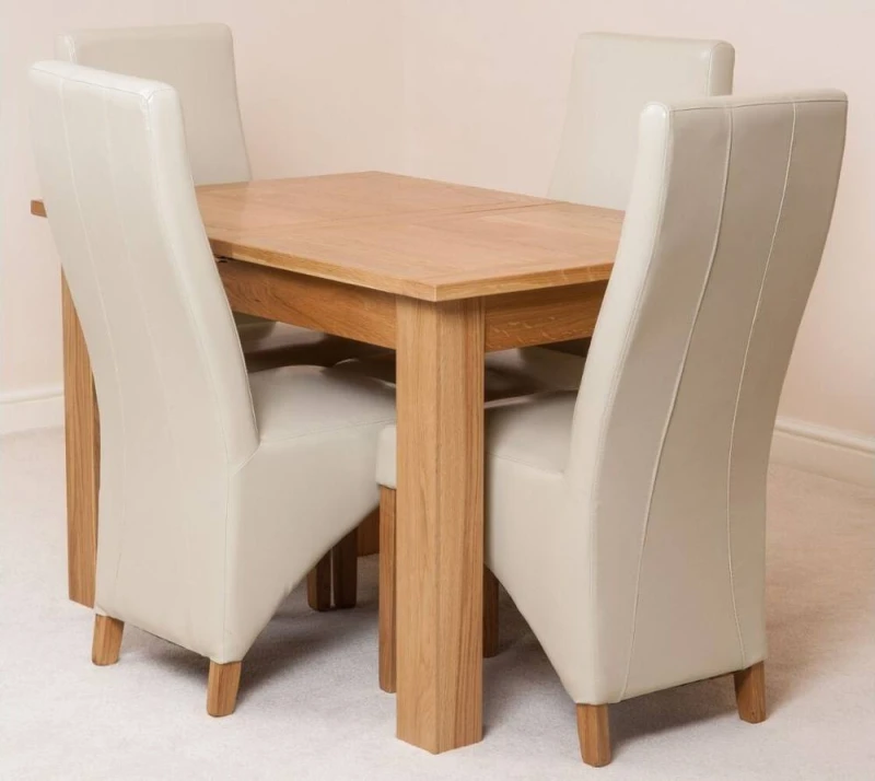 Image of Thats Furniture Hampton 120-160cm Oak Extending Dining Table & 4 Lola Leather Chairs in Cream Cream Unisex