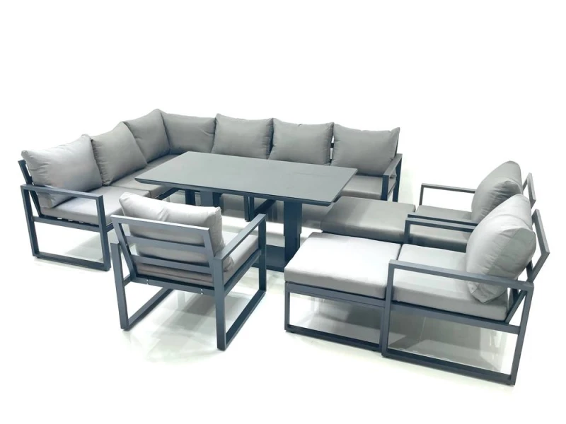 Image of Fimous Aluminum Outdoor Garden Furniture Set Corner Sofa 3 Chair 2 Big Footstools Adjustable Rising Lifting Dining Table Sets Dark Grey Dark Grey Unis