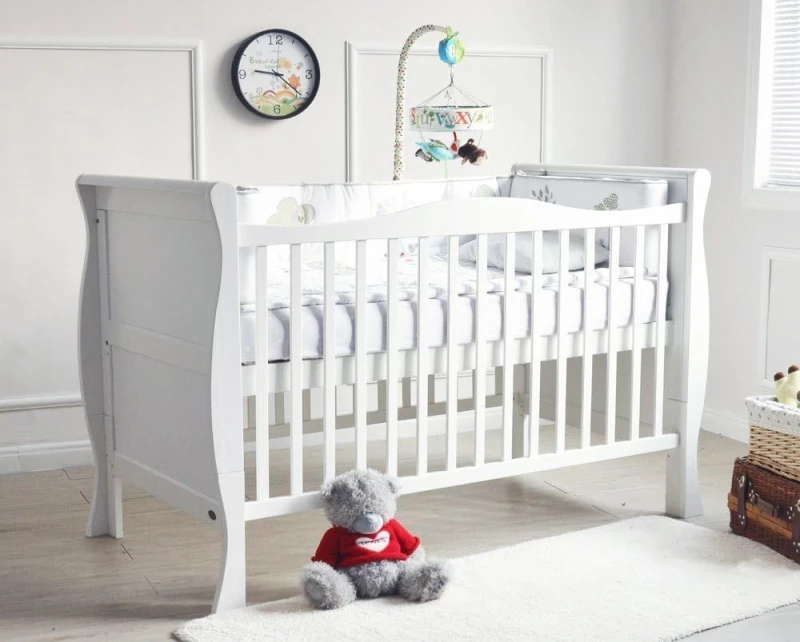 Image of MCC Direct CozyCubs Wooden Curved Sleigh Design Baby Cot Bed Savannah City in White White Unisex