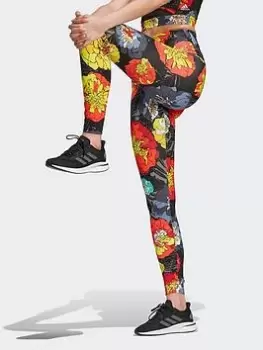 Image of adidas Floral Running Leggings, Black/Red Size M Women