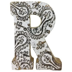 Image of Letter R Hand Carved Wooden White Flower