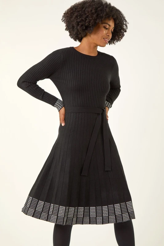 Image of Roman Ribbed Stretch Knit Border Print Dress Black