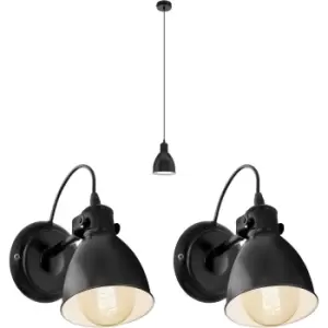 Image of Ceiling Pendant Light & 2x Matching Wall Lights Black Industrial Lamp Shade