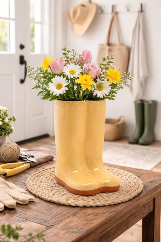 Image of The Cottage Garden Yellow Wellies Large Ceramic Vase Yellow unisex