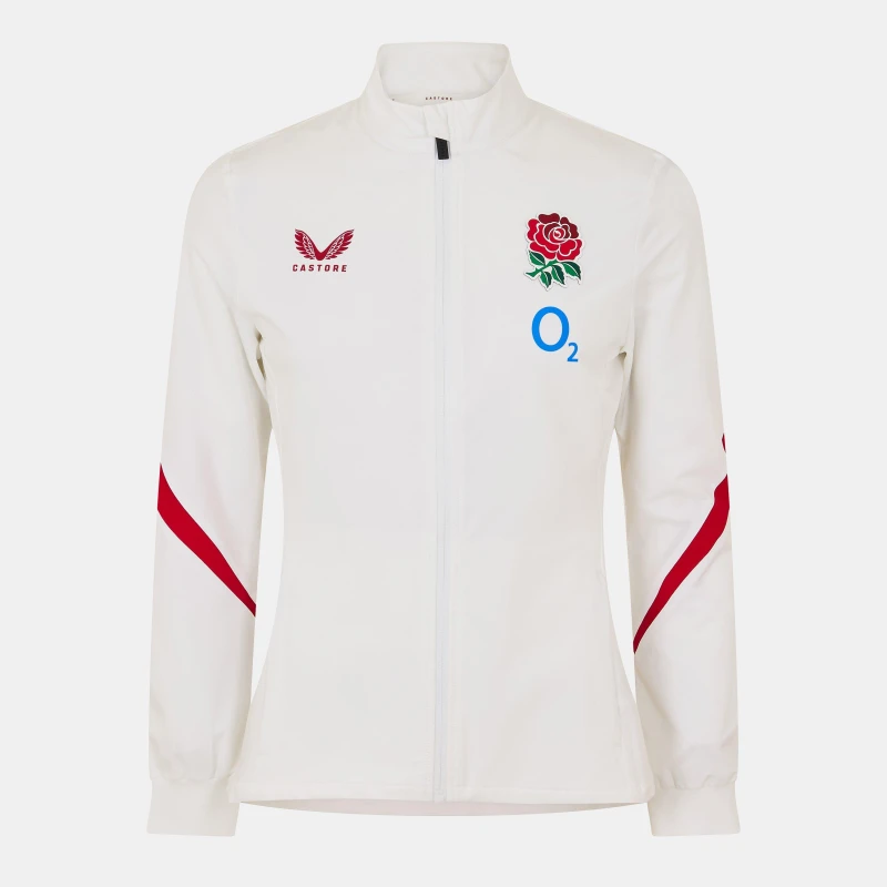 Image of Castore Womens Rose Anthem England Rugby 2025 Long Sleeve Slim Fit Jacket White Red female 10 (S)
