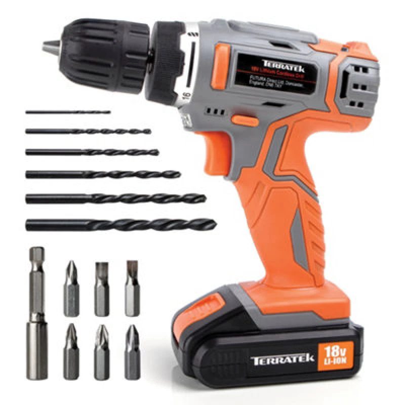 Image of Terratek 18V Cordless Drill & Drill Bit Set 18V Battery & Charger Included Orange