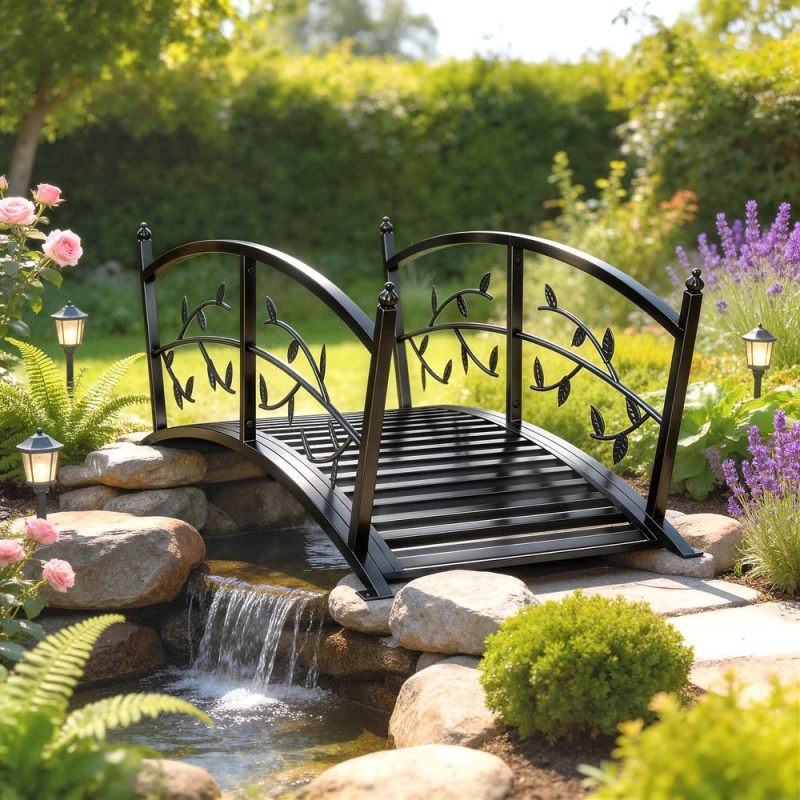 Image of OUTSUNNY 1.2M Metal Garden Bridge with Safety Railings, Outdoor Pond Bridge in Black Unisex