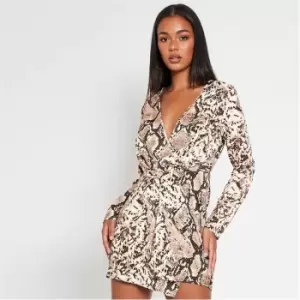 Image of I Saw It First Snake Print Plunge Neck Knot Front Dress - Brown