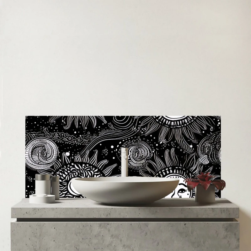 Image of Warren Reed - Designer Moon & Sun White Black Glass Bathroom Splashback Black Unisex