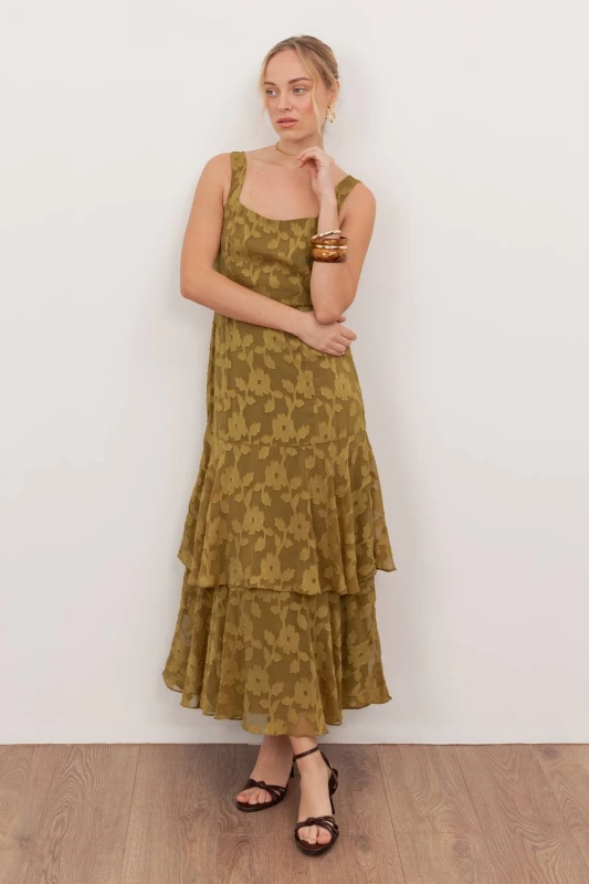 Image of Anaya with Love Womens Floral Burnout Square Neck Tiered Midaxi Dress in Dark Olive Size: 12 Dark Olive Female 12