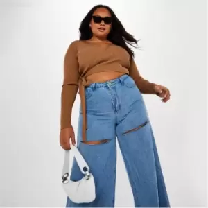 Image of Missguided Plus Size Rib Wrap Front Knit Crop Top - Brown