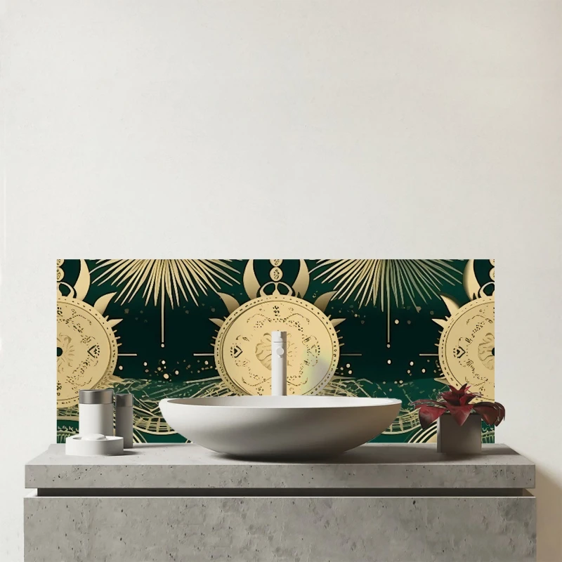 Image of Warren Reed - Designer Green Moon & Sun Abstract Pattern Glass Bathroom Splashback Green Unisex
