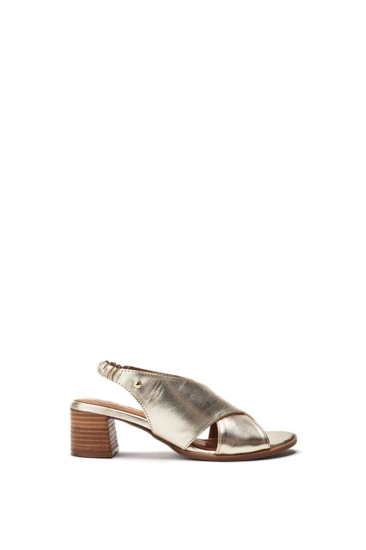 Image of Moda In Pelle Womens 'Prinia' Leather Heeled Sandals in Metallic Gold Size: 4 Metallic Gold Female 4