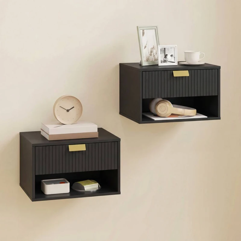 Image of HOMCOM Floating Bedside Tables Set of 2 with Fluted Drawer Open Shelf in Black Size: 40cm x 30cm Black Unisex 40cm x 30 cm