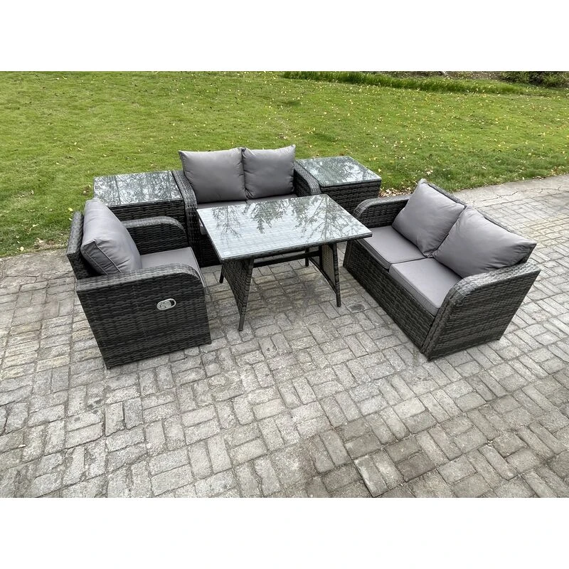 Image of Fimous 6 Pieces Outdoor Garden Dining Sets Rattan Furniture With Dining Table Armchairs Love Sofa 2 Side Tables Dark Grey Mixed Dark Grey