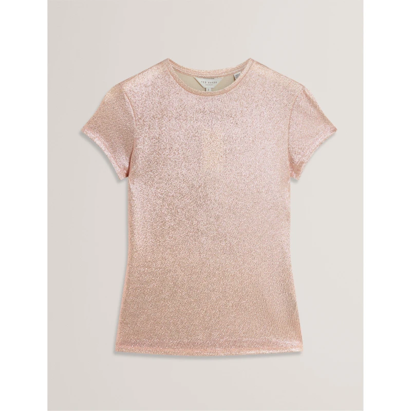 Image of Ted Baker Womens Metallic Short Sleeve Slim Fit T-Shirt Pink female 8 (XS)