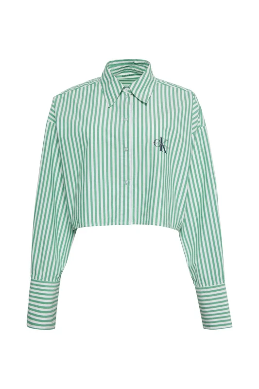 Image of Calvin Klein Mens Cropped Poplin Shirt Penny Stripe Mardi Gras Green Size: Medium Green Male M