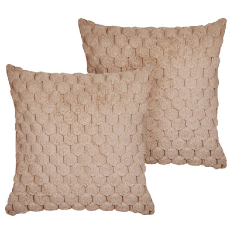 Image of Beliani Set Of 2 Decorative Cushions Purslane Faux Fur 43 X 43cm Sand Beige Geometric Pattern