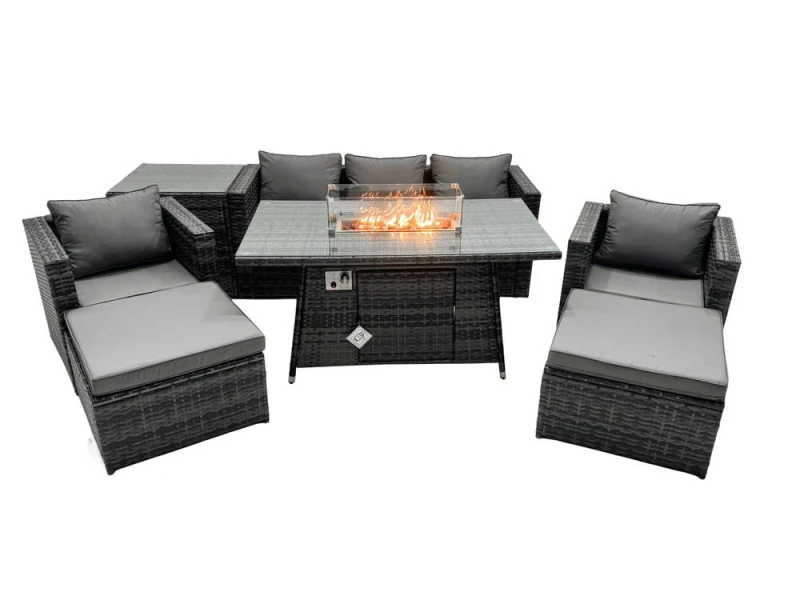 Image of Fimous Rattan Garden Furniture Firepit Dining Set 7 Seater Lounge Sofa Table Set with Side table 2 big Footstool Dark Grey