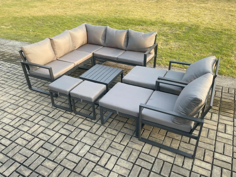 Image of Fimous 11 Seater Outdoor Aluminium Garden Furniture Set Corner Lounge Sofa Set with Square Coffee Table 2 Pcs Chair Footstools Dark Grey Dark Grey Uni
