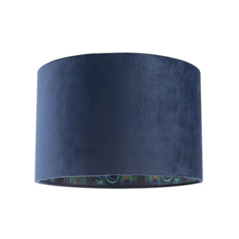 Image of Happy Homewares Midnight Blue Velvet Lamp Shade With Colourful Peacock Feather Inner