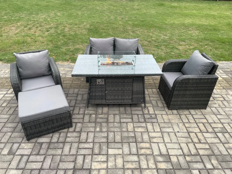 Image of Fimous Rattan Outdoor Garden Furniture Set Gas Fire Pit Dining Table with Chair Love seat Sofa Footstool Dark Grey