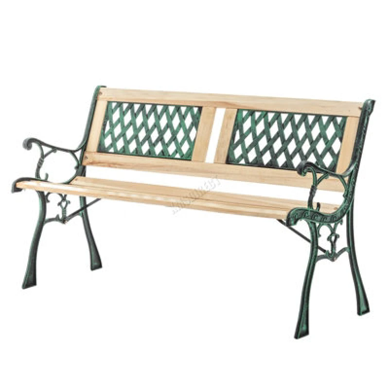 Image of Birchtree 3 Seater Wooden Cross Lattice And Slat Style Garden Bench Park Seat With Cast Iron Legs Armrest