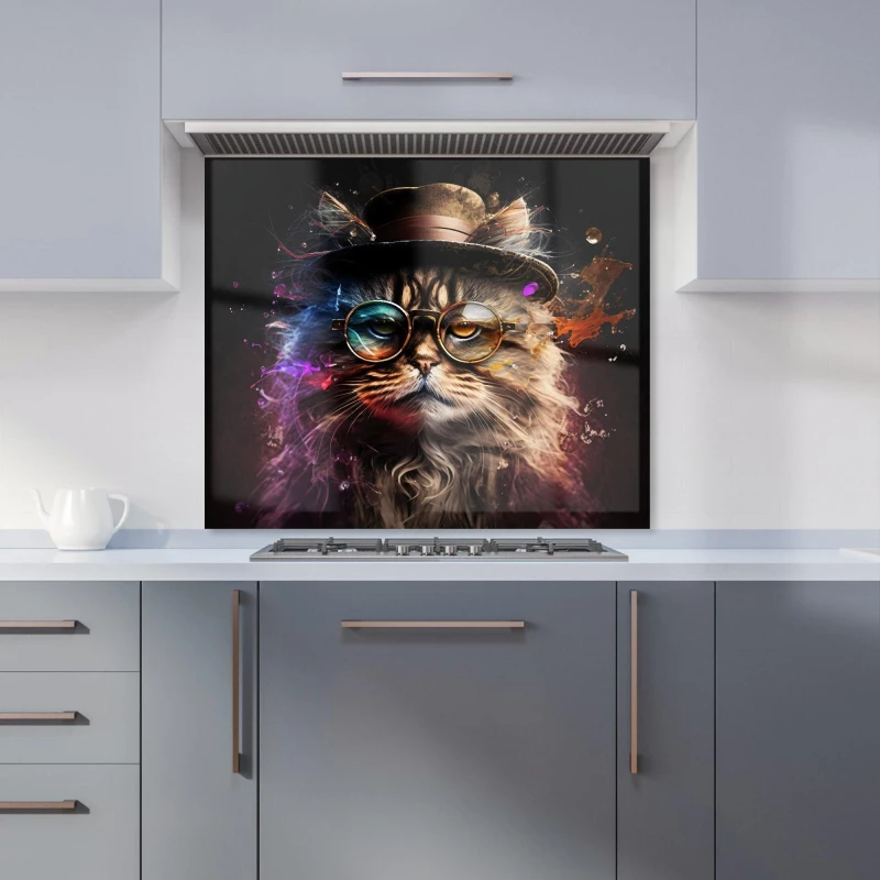 Image of Warren Reed - Designer Siberian Cat With Glasses Splashart Kitchen Splashback Size: 900mm x 750mm Multicolor Unisex 900mm x 750mm