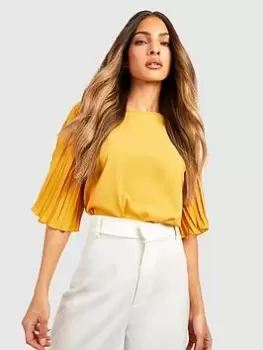 Image of Boohoo Pleated Sleeve Woven Blouse - Ochre, Cream, Size 8, Women