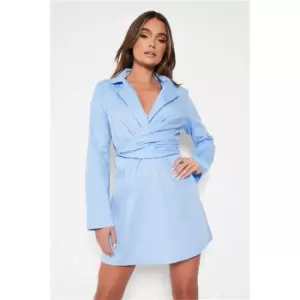 Image of I Saw It First Baby Blue Cotton Poplin Long Sleeves Tie Back Shirt Dress - Blue
