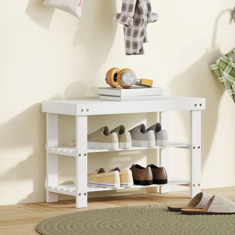 Image of HOMCOM 3-Tier Bamboo Shoe Bench with 2 Shelves for Entryway, White White Unisex