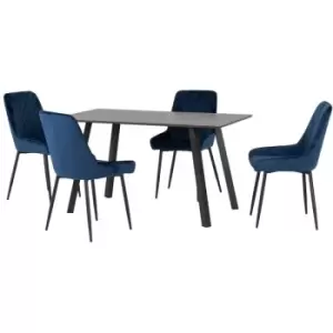 Image of Seconique - Berlin Dining Set Table Black Grain with 4 Avery Sapphire Blue Velvet Chairs