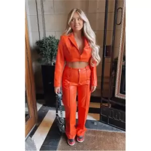 Image of I Saw It First Orange Cropped Faux Leather Blazer With Shoulder Pads - Orange