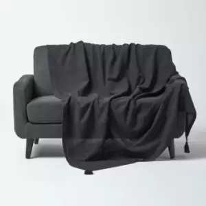 Image of Cotton Rajput Ribbed Black Throw, 150 x 200cm - Black - Homescapes