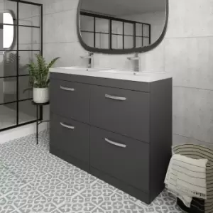 Image of Nuie - Athena Floor Standing 4-Drawer Vanity Unit with Double Ceramic Basin 1200mm Wide - Gloss Grey