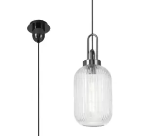 Image of 1 Light Pendant E27 With 20cm Tubular Ribbed Glass, Clear Black Chrome, Matt Black