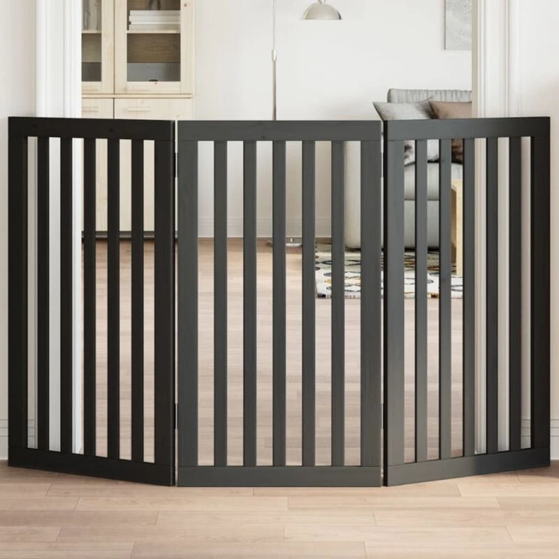 Image of vidaXL Dog Gate Foldable 3 Panels Black 150cm Poplar Wood, Black 352254