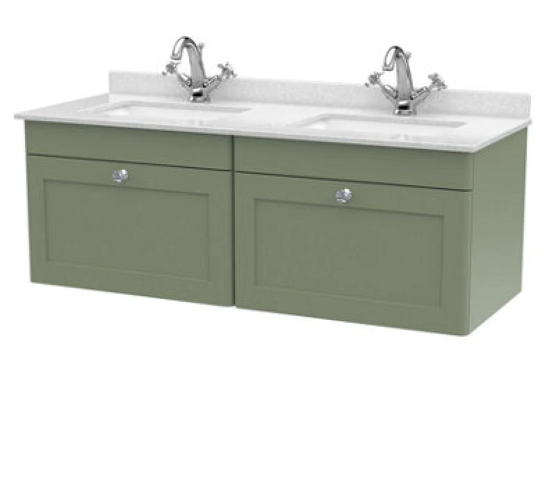 Image of NUIE Classique Satin Green 1200mm Wall Hung 2 Drawer Vanity Unit with White Marble Countertop and 2 Square Basins with 2 Tap Holes - CLC894WS2 - Nuie